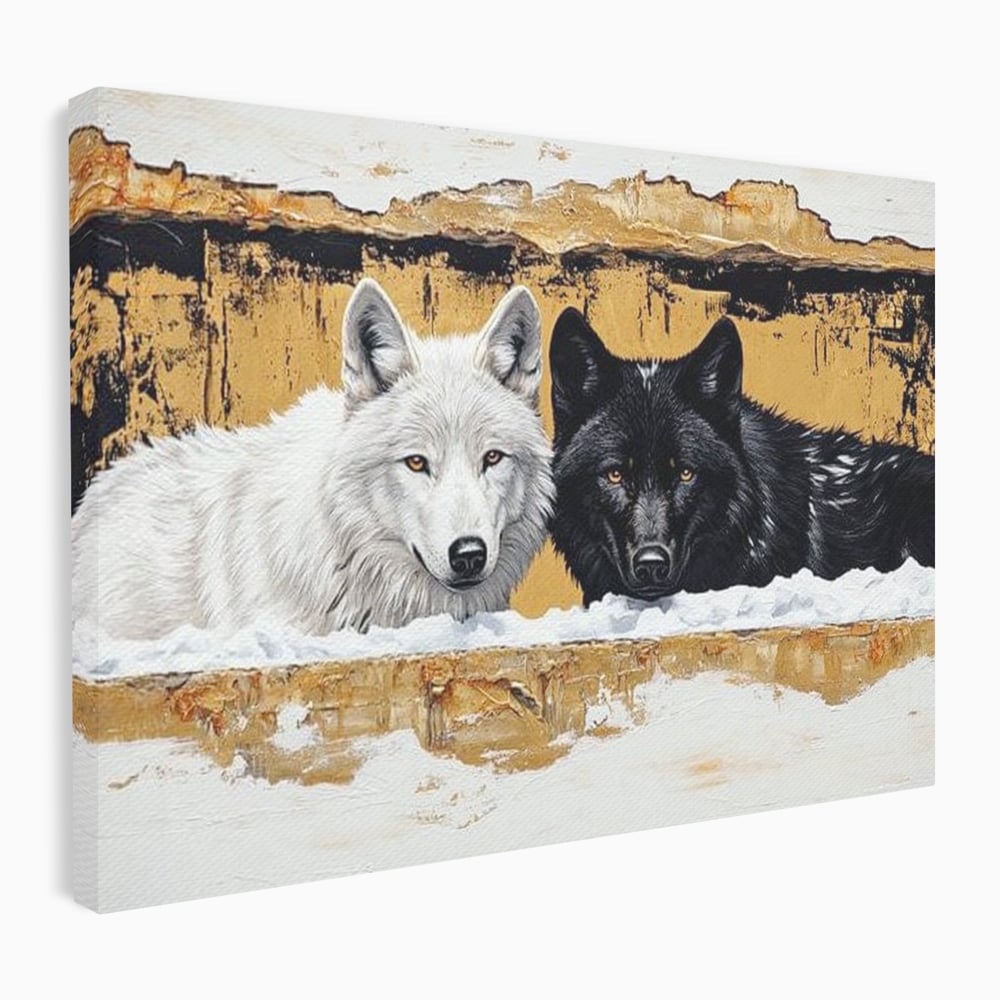 Tablou canvas cu pictura cu doi lupi in zapada, fara rama, pe sasiu de lemn